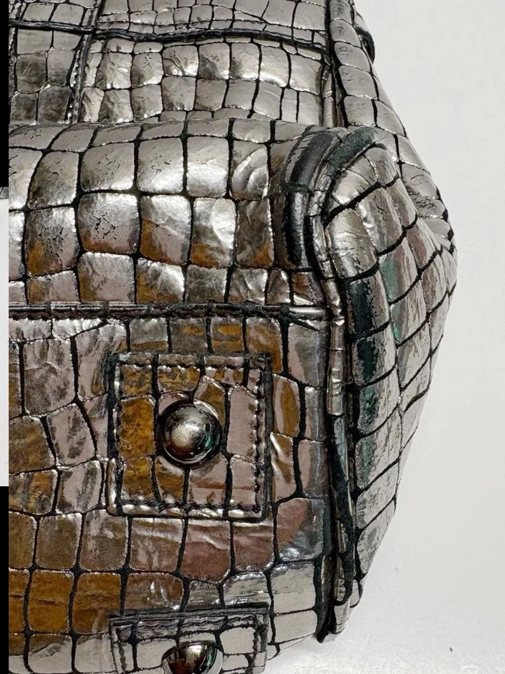 Mulberry Metallic Croc-Embossed Satchel in Silver-Brown